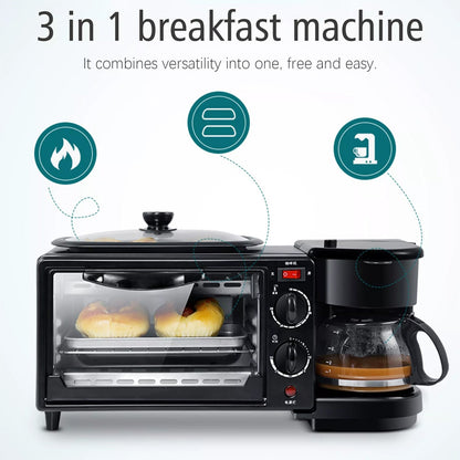 3 in 1 Breakfast Maker Portable Toaster Oven, Grill Pan & Coffee Maker Full Breakfast Ready at One Go