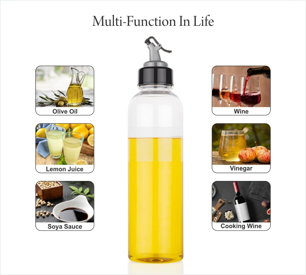 Clear plastic oil bottle, 1 liter, for convenient oil dispensing.