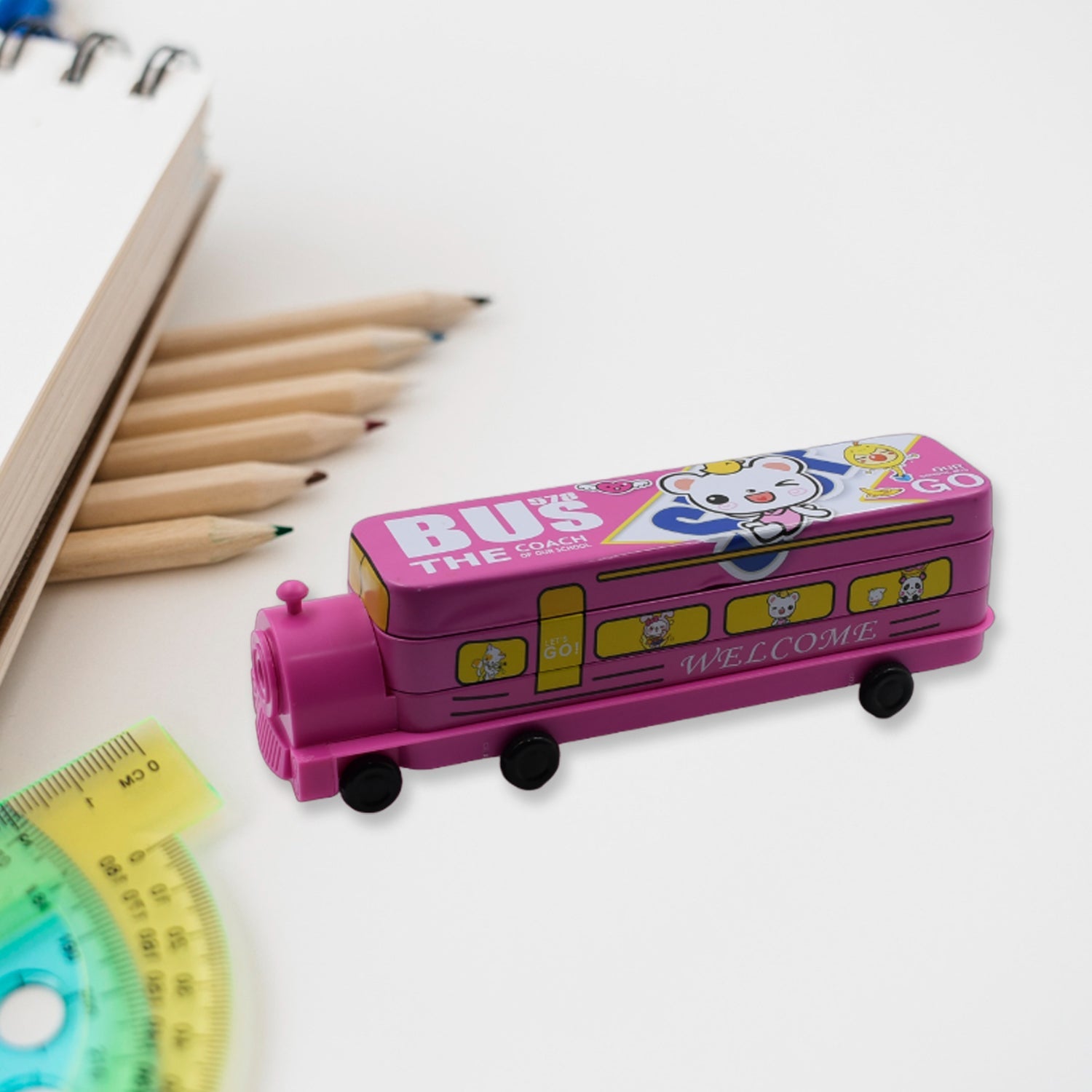 Magic bus pencil case with sharpener and compartments.