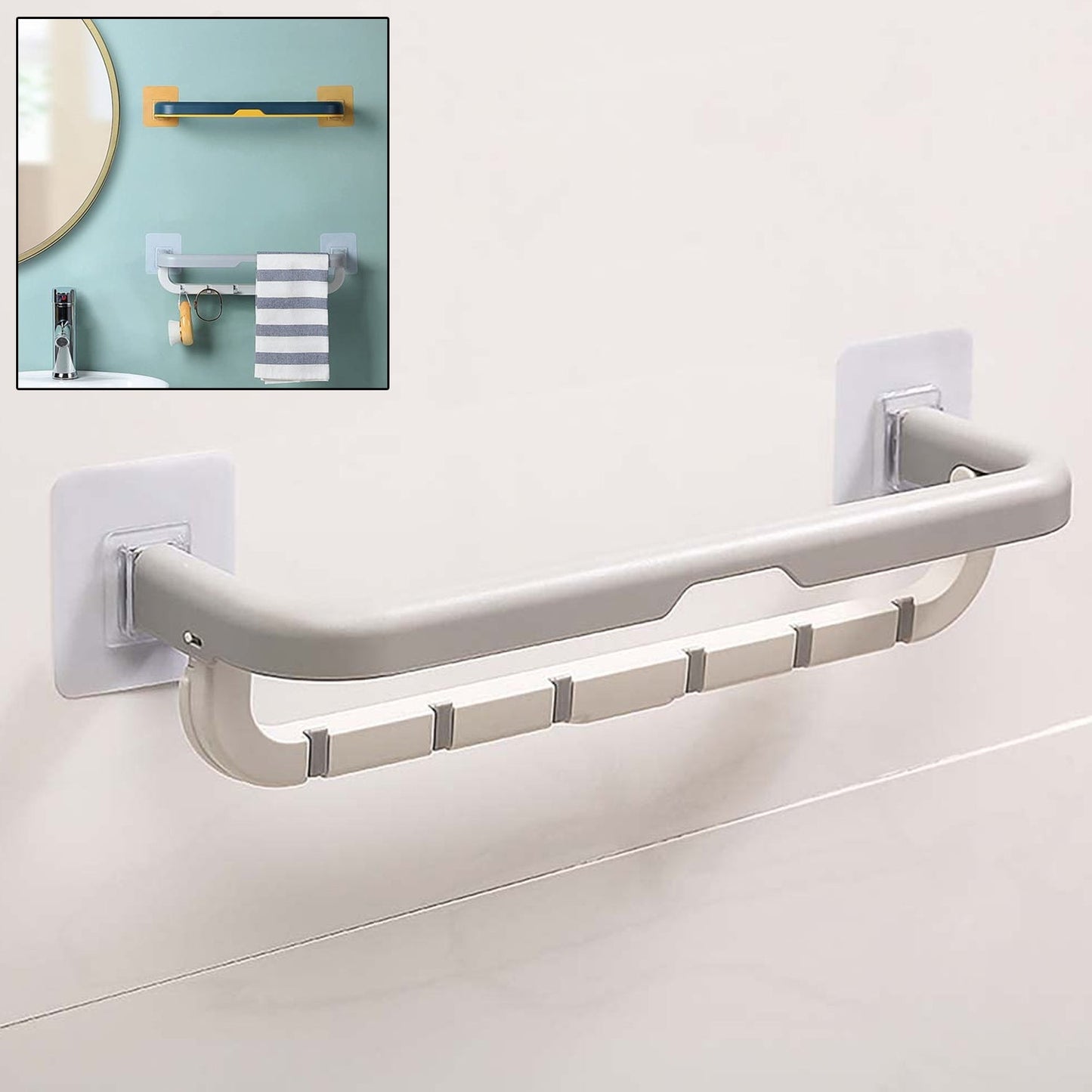 1515 Wall Mounted Double Bar Towel Holder with Hooks | Multifunctional Adjustable Towels Rack for Kitchen / Bathroom | Folding Towel Shelf