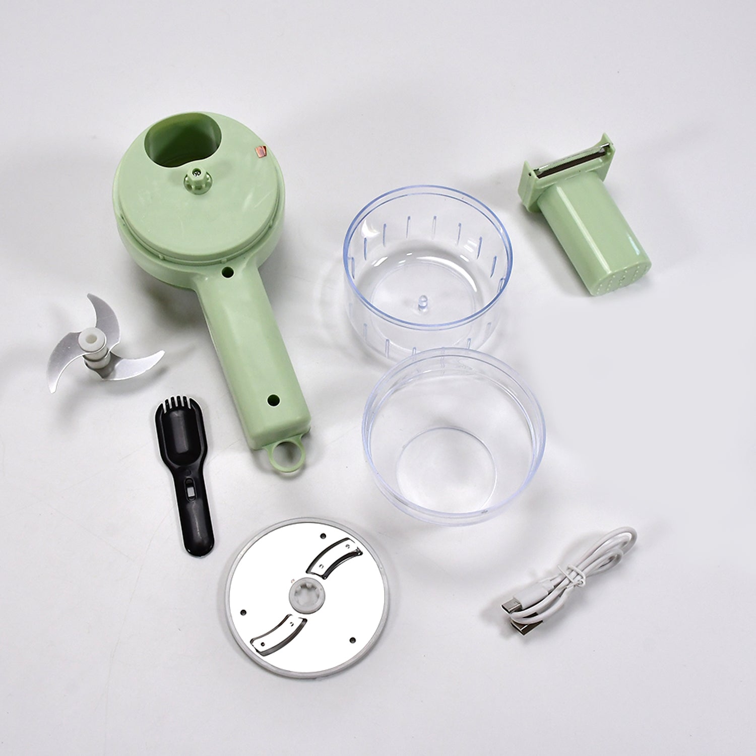 Handheld electric vegetable cutter set.