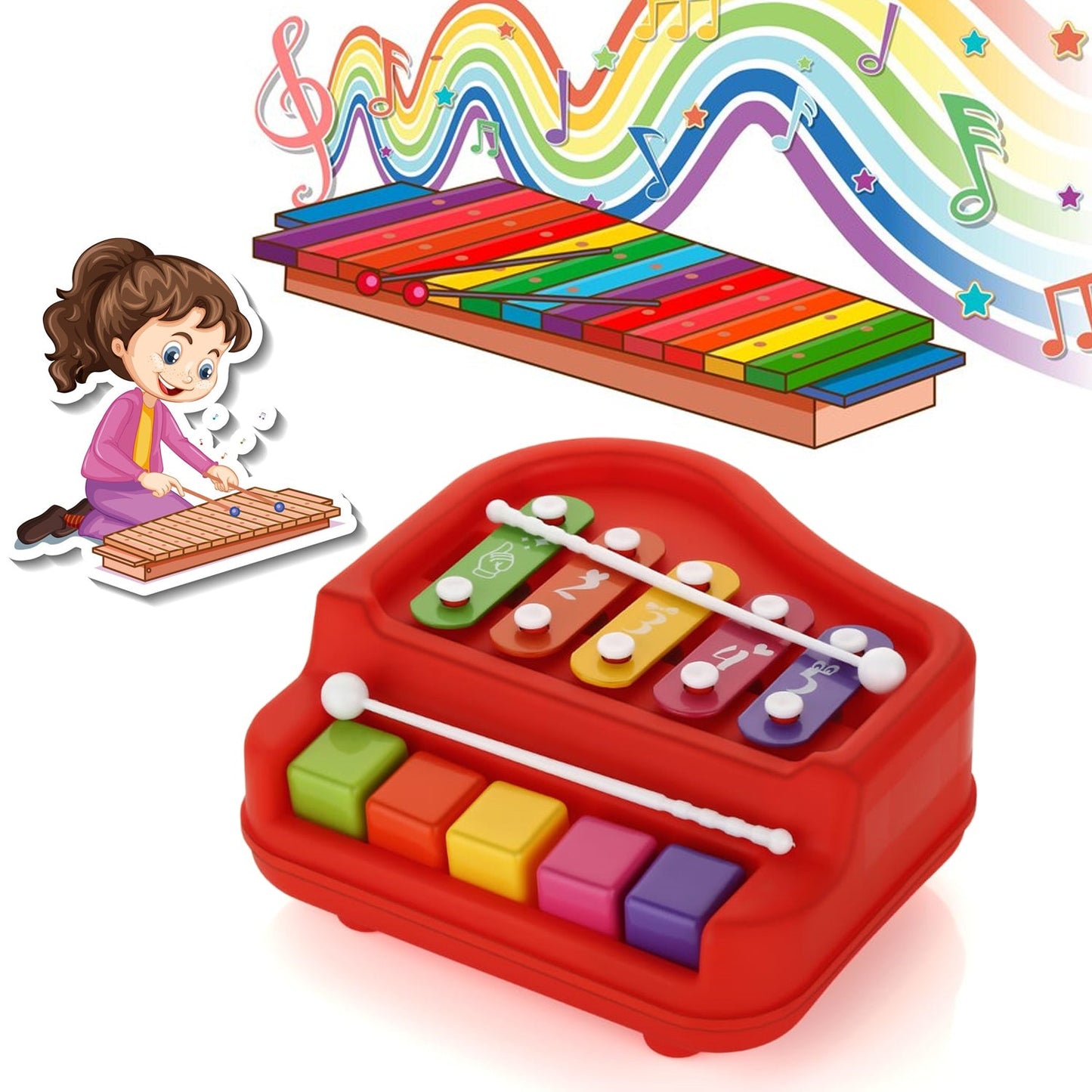 17799  2in1 Baby Piano Xylophone Toy for Toddlers, 5 Multicolored Key Keyboard Xylophone Piano, Preschool Educational Musical Learning Instruments Toy for Baby Kids Girls Boys 3+ Years (1 Pc)