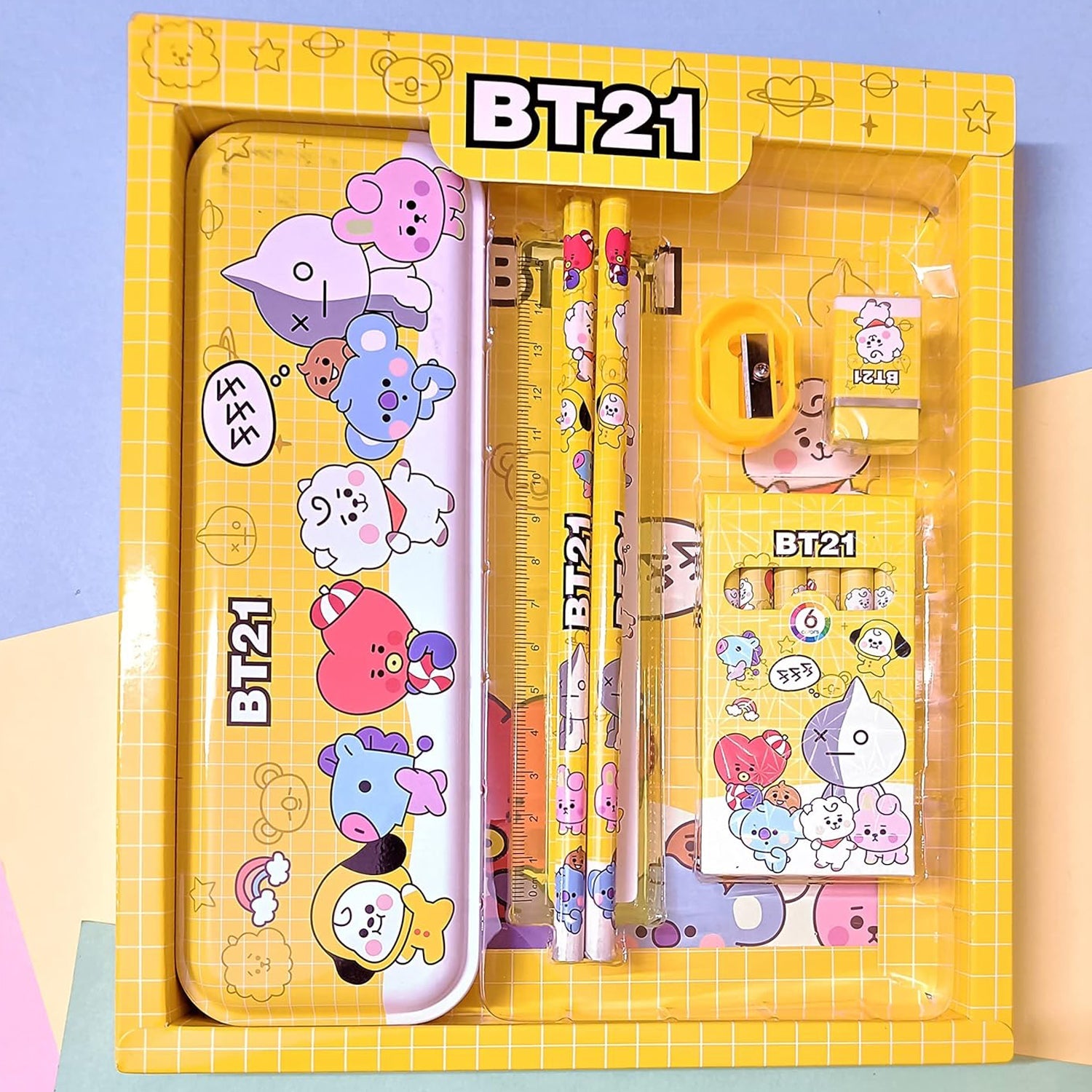 Metal pencil box and stationery set for kids, includes sharpener and erasers