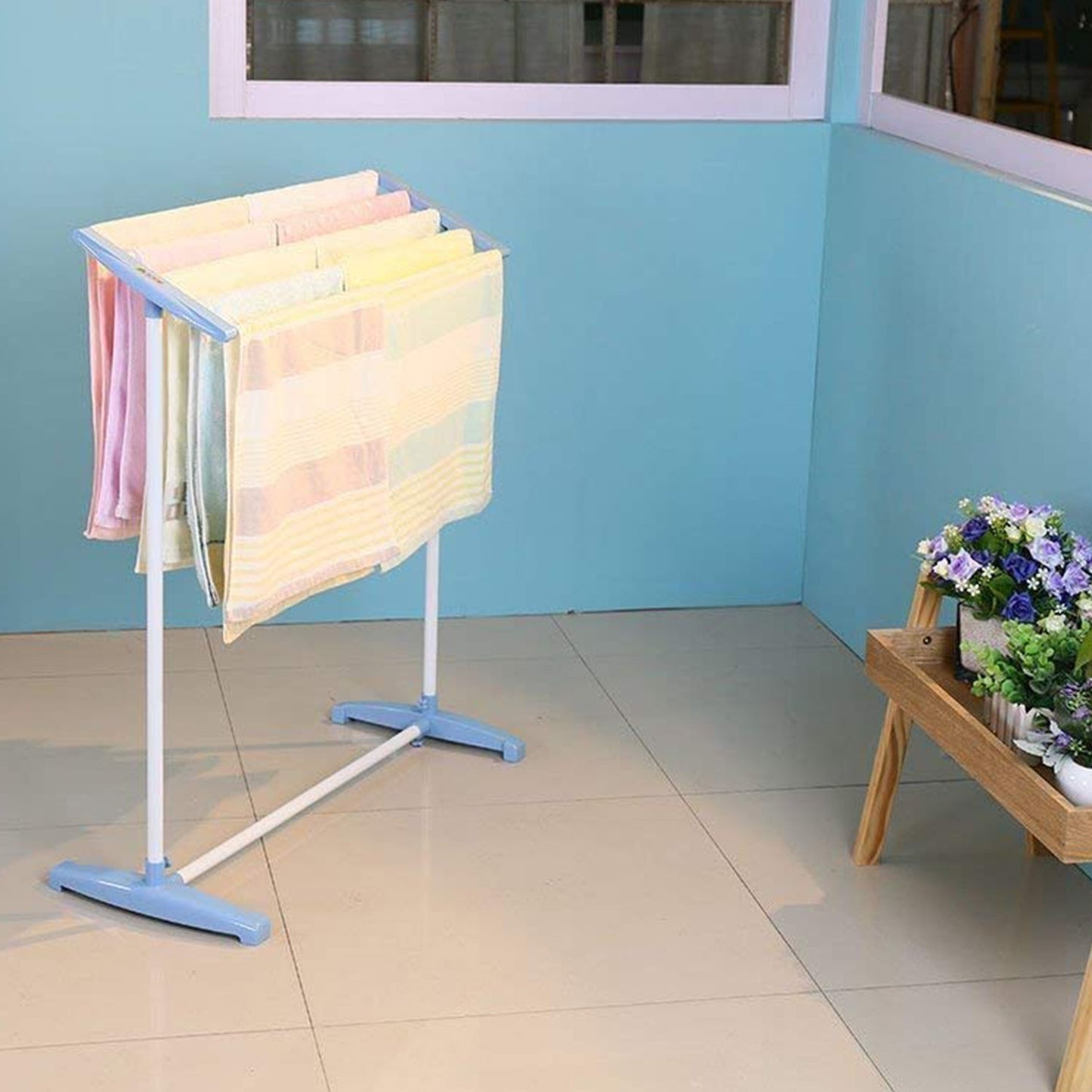 Multi-Functional Single Tier Mobile Towel Foldable Rack for Cloth and Towel / Stainless Steel and Plastic Made Mobile Towel and Cloth Rack Holder Indoor / Outdoor Standing Movable Cloth Dryer Rack, Balcony Cloth Drying Stand