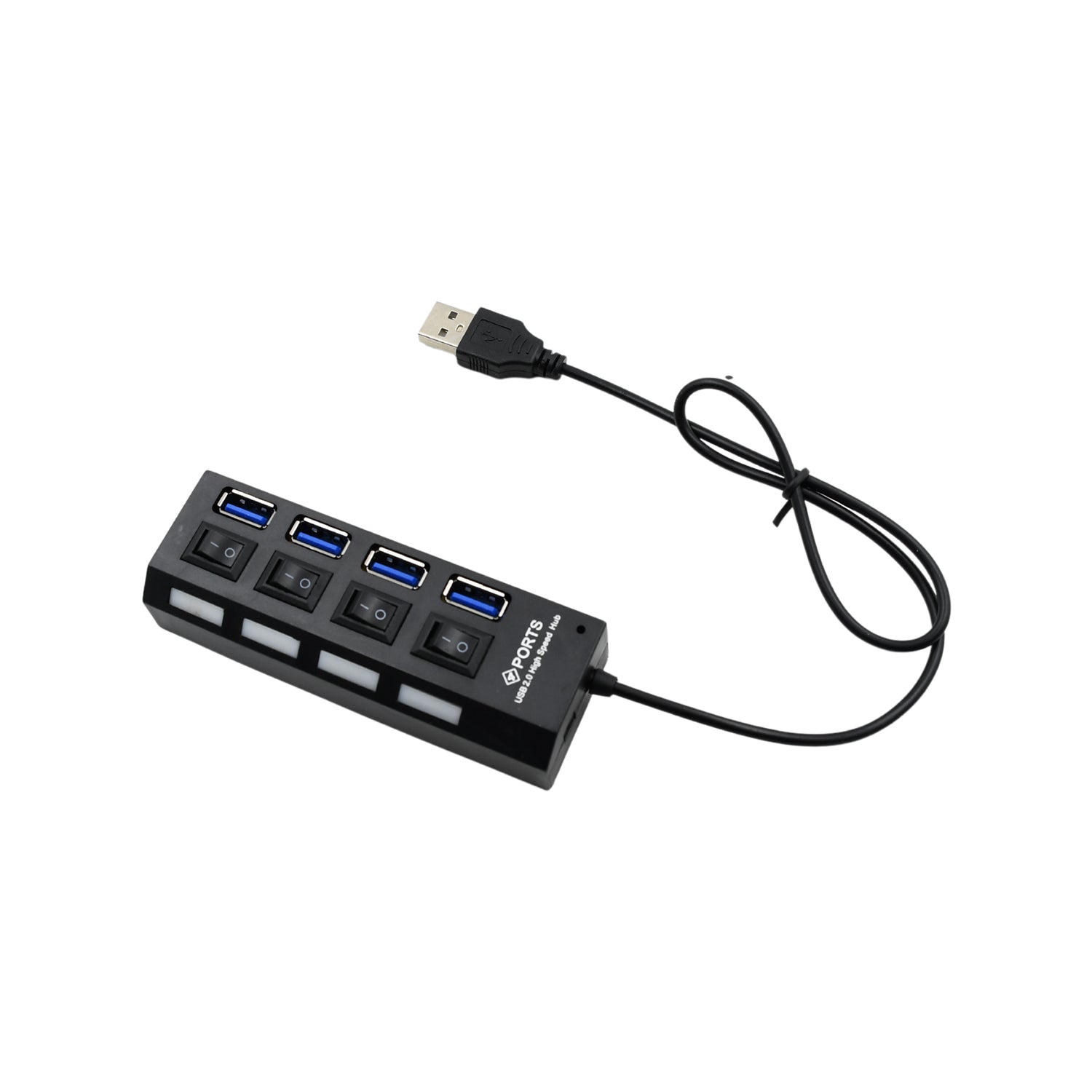 USB 2.0 hub with 4 ports, LED indicators, and switches