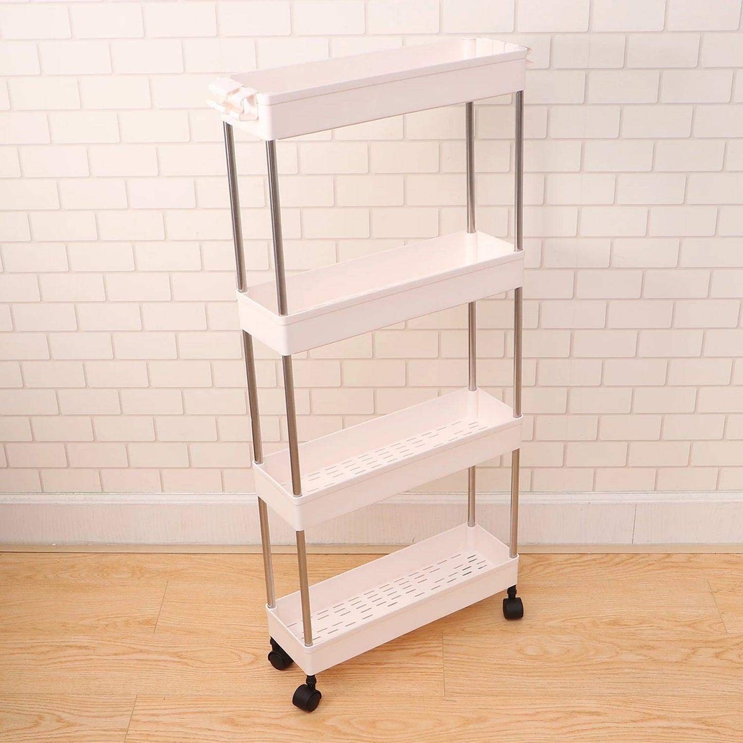 Kitchen storage rack with wheels.