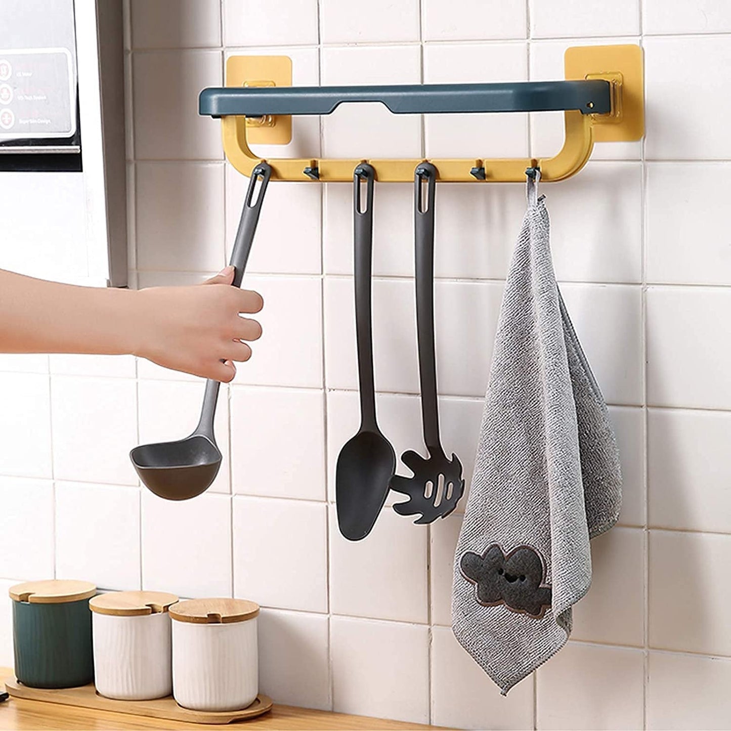 1515 Wall Mounted Double Bar Towel Holder with Hooks | Multifunctional Adjustable Towels Rack for Kitchen / Bathroom | Folding Towel Shelf