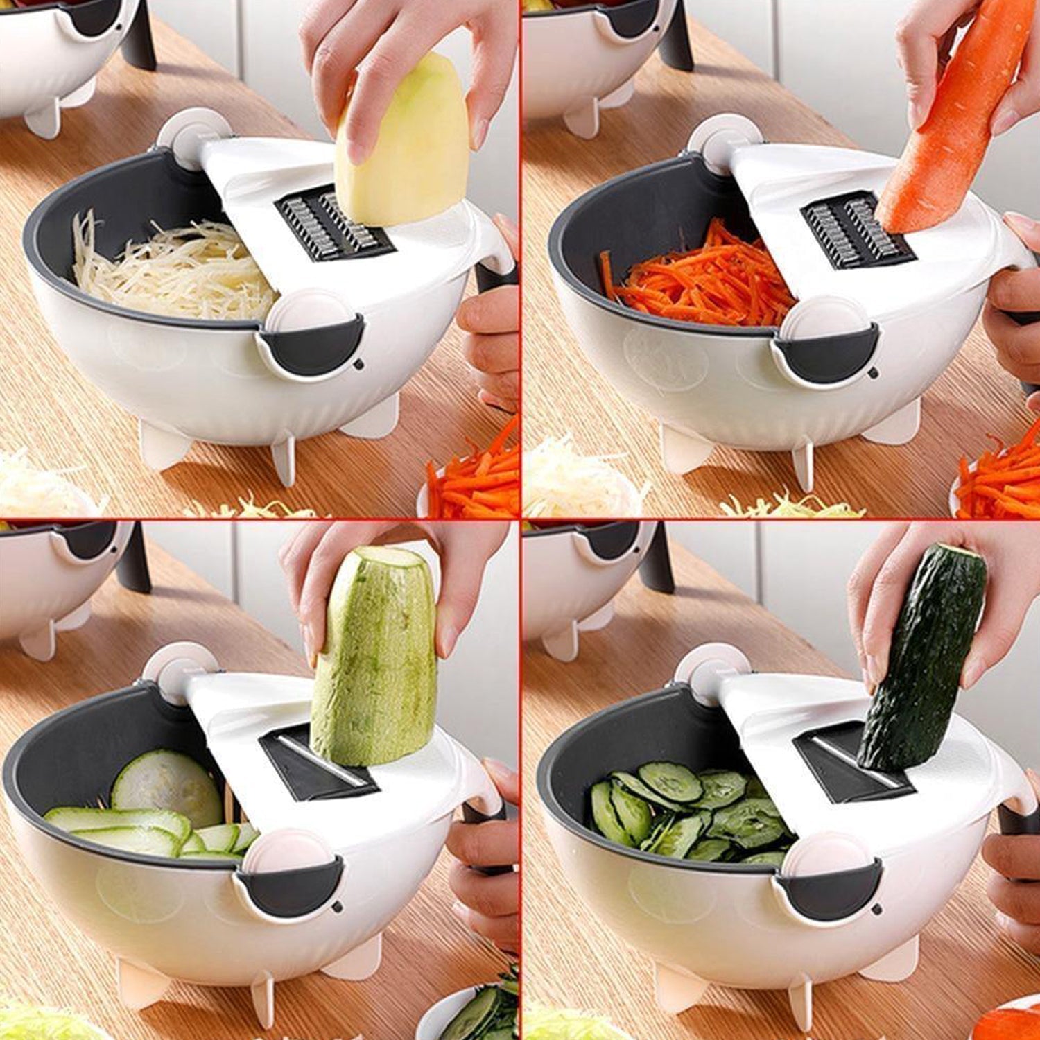 2187B Premium Portable 7 in 1 Multifunction Magic Rotate Vegetable Cutter/Chopper/Slicer/Shredder with Drain Basket with various Dicing Blades 