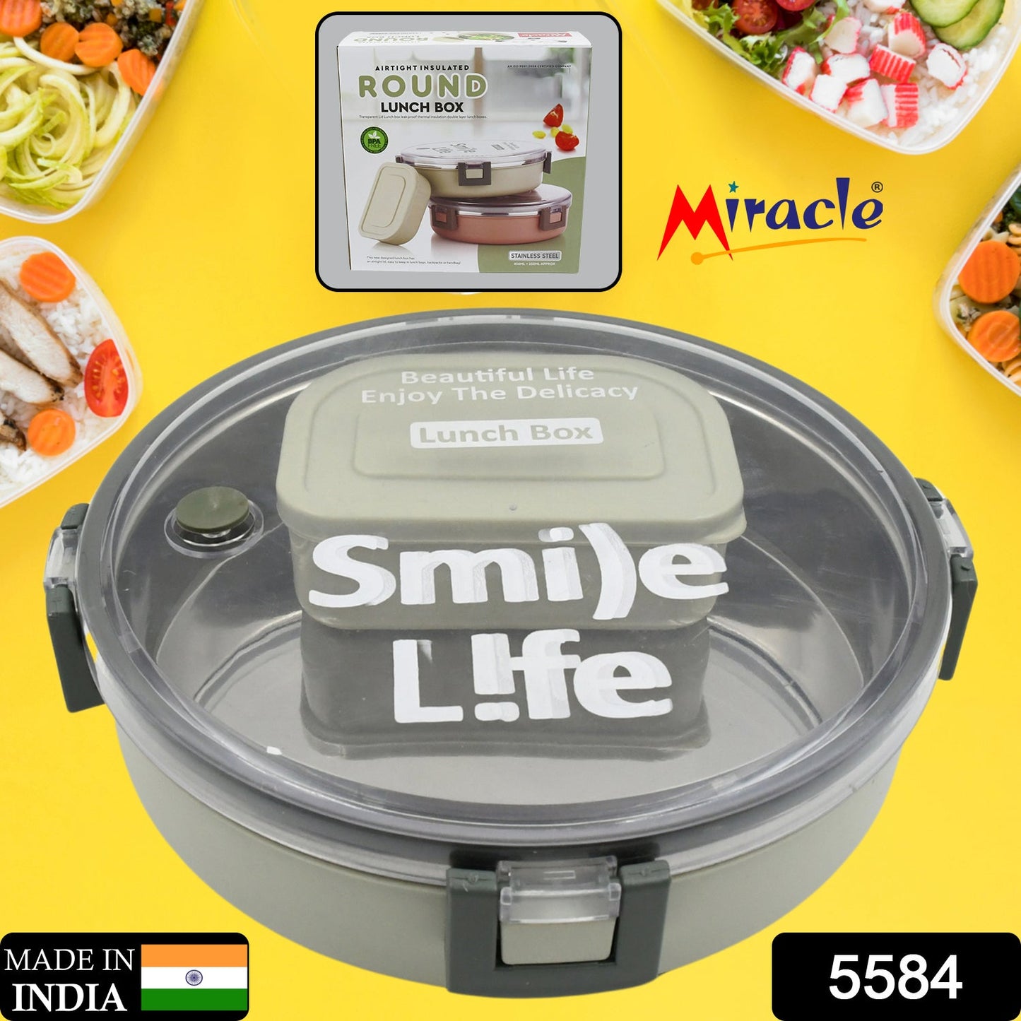 5584 Miracle Stainless Steel Round Lunch Box, with Small Plastic Box Insert Leak Proof Lunch Box with Transparent lid, Lunch Box for Kids & Adults for School, Office (450 ML + 250 ML Approx)