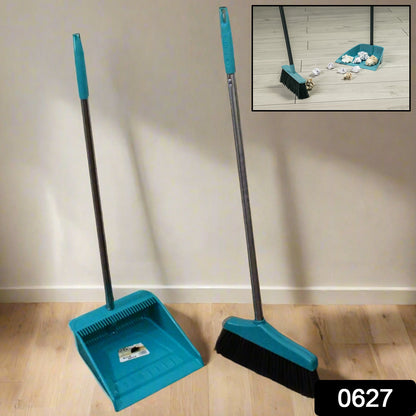 Dustpan and brush set with long handles for efficient sweeping and cleaning.