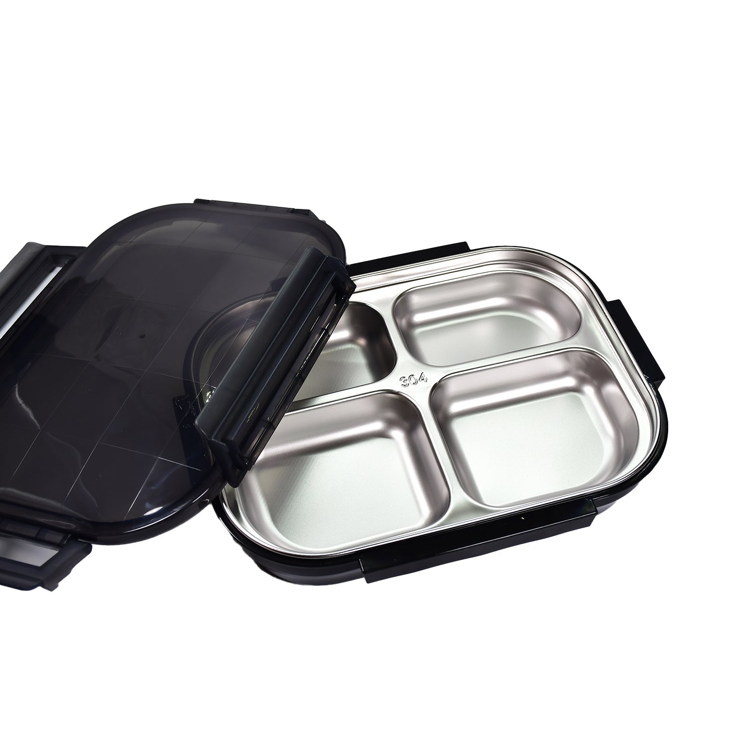 Stainless steel lunch box with 4 compartments, black transparent