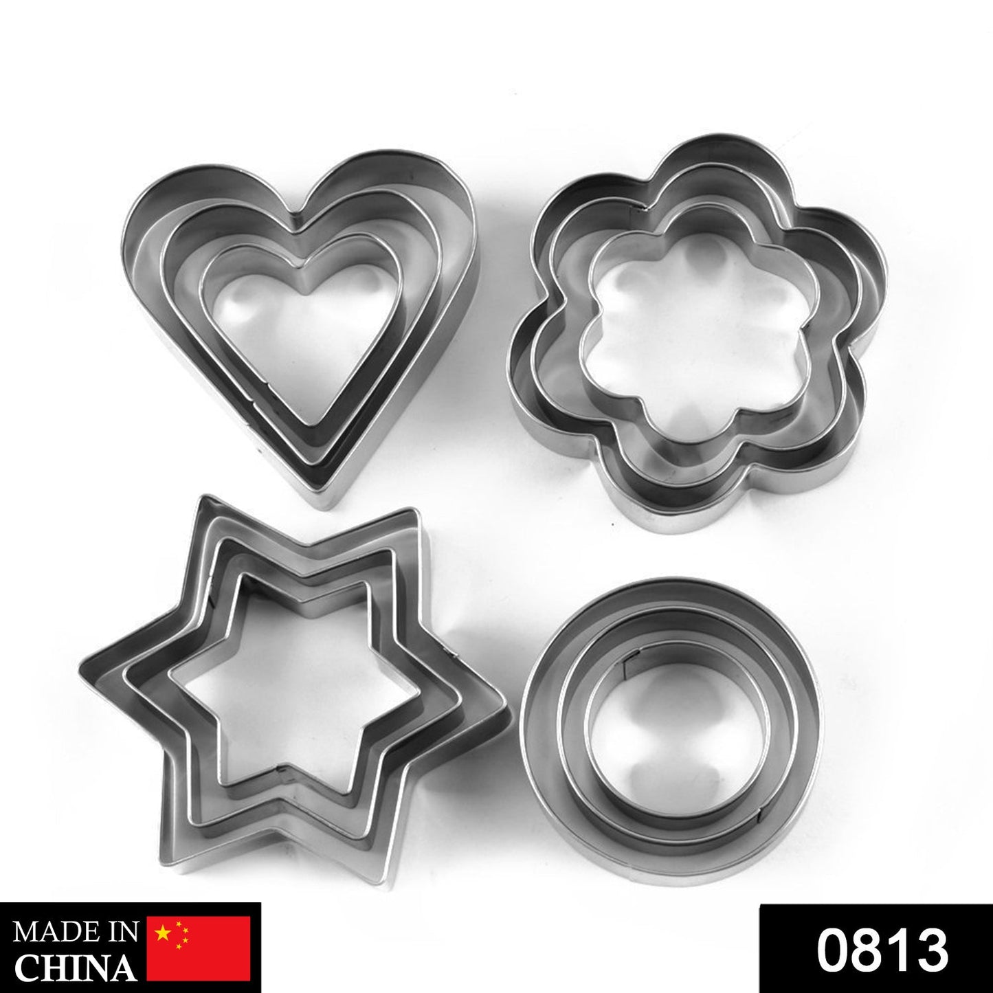 Heart, round, star, and flower shaped cookie cutters