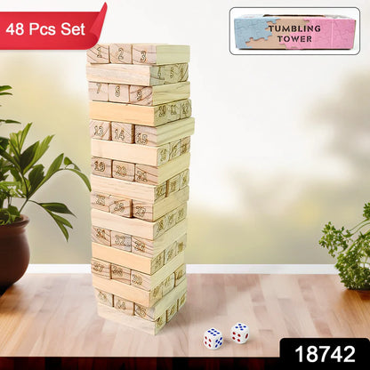 18742 Wooden Tumbling Stacking Tower Game (48 Pcs Blocks 2 Dices)