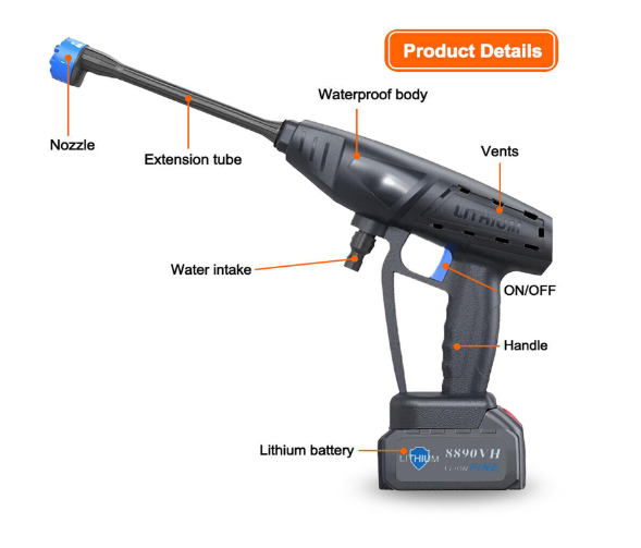 3148 6in1 Cordless Portable Pressure Washer Gun 48V 12000mah High Pressure Water Gun with Cordless Rechargeable 6 Ways to Spray Water Used for Car Washer, Gardens and Stones Floors