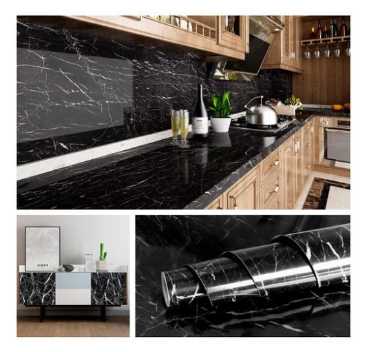 3380 Marble Foil Kitchen Stickers Oil-Proof Waterproof Self Adhesive Wallpaper PVC Bathroom Wall Stickers Contact Paper Marble (60 x 200cm, Black)