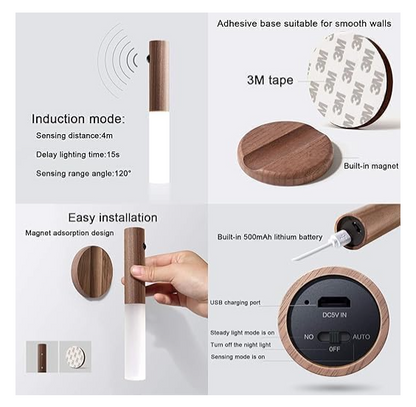 3532 Battery Operated Motion Sensor Night Light Magnet Body Rechargeable LED Walnut Wooden Portable Motion Sensor Light