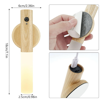 3532 Battery Operated Motion Sensor Night Light Magnet Body Rechargeable LED Walnut Wooden Portable Motion Sensor Light