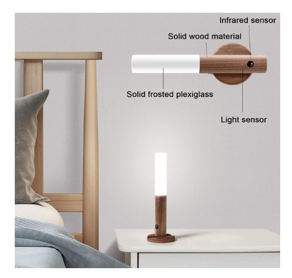 3532 Battery Operated Motion Sensor Night Light Magnet Body Rechargeable LED Walnut Wooden Portable Motion Sensor Light