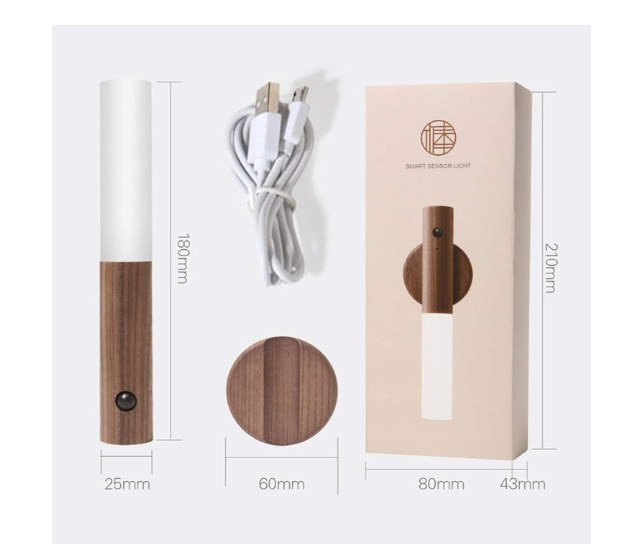 3532 Battery Operated Motion Sensor Night Light Magnet Body Rechargeable LED Walnut Wooden Portable Motion Sensor Light