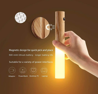 3536 Wooden Design Portable Motion Sensor Night Light, Rechargeable & Magnetic, Versatile Lighting For Home, Bedroom, Bathroom