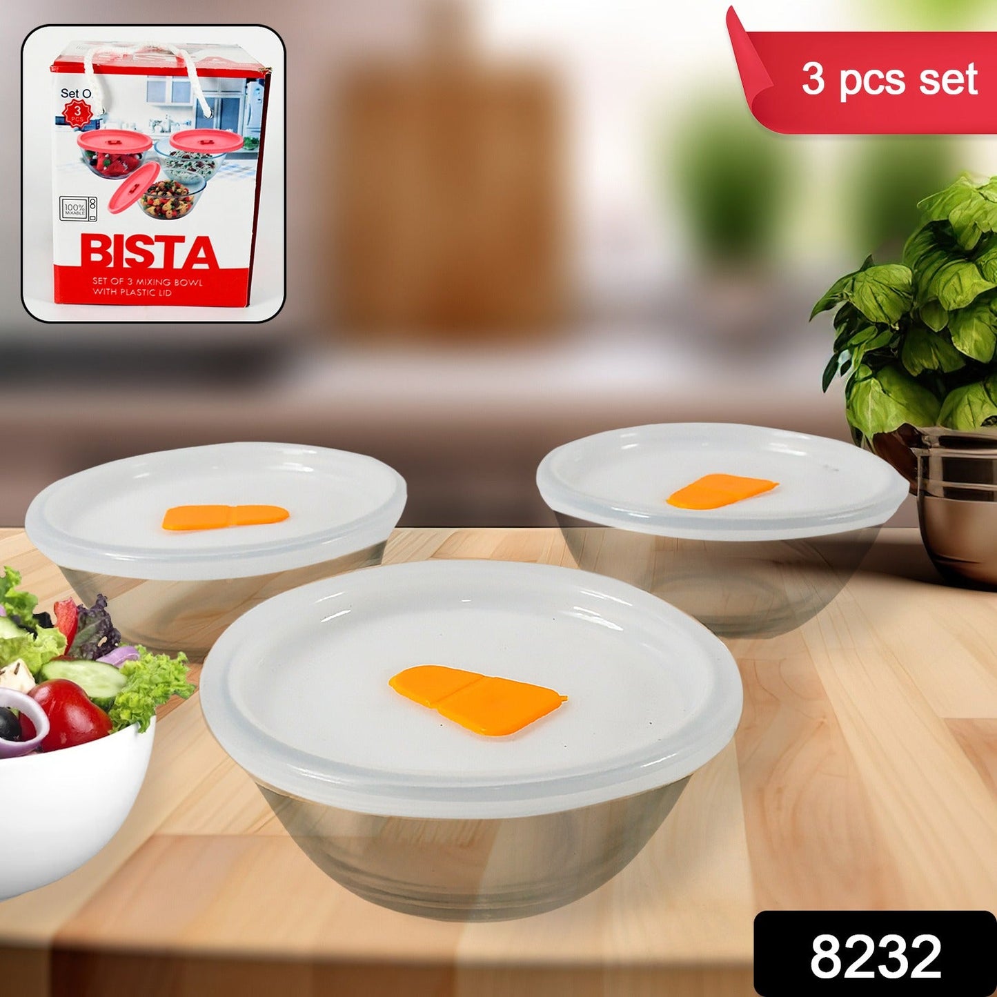 Bista Glass Serving & Mixing Bowls with Plastic Lid | Oven & Microwave Safe & Dishwasher Safe | Scratch Resistant | Transparent | For Household Gift For Birthday (3 Pcs set / 250 ML Approx)