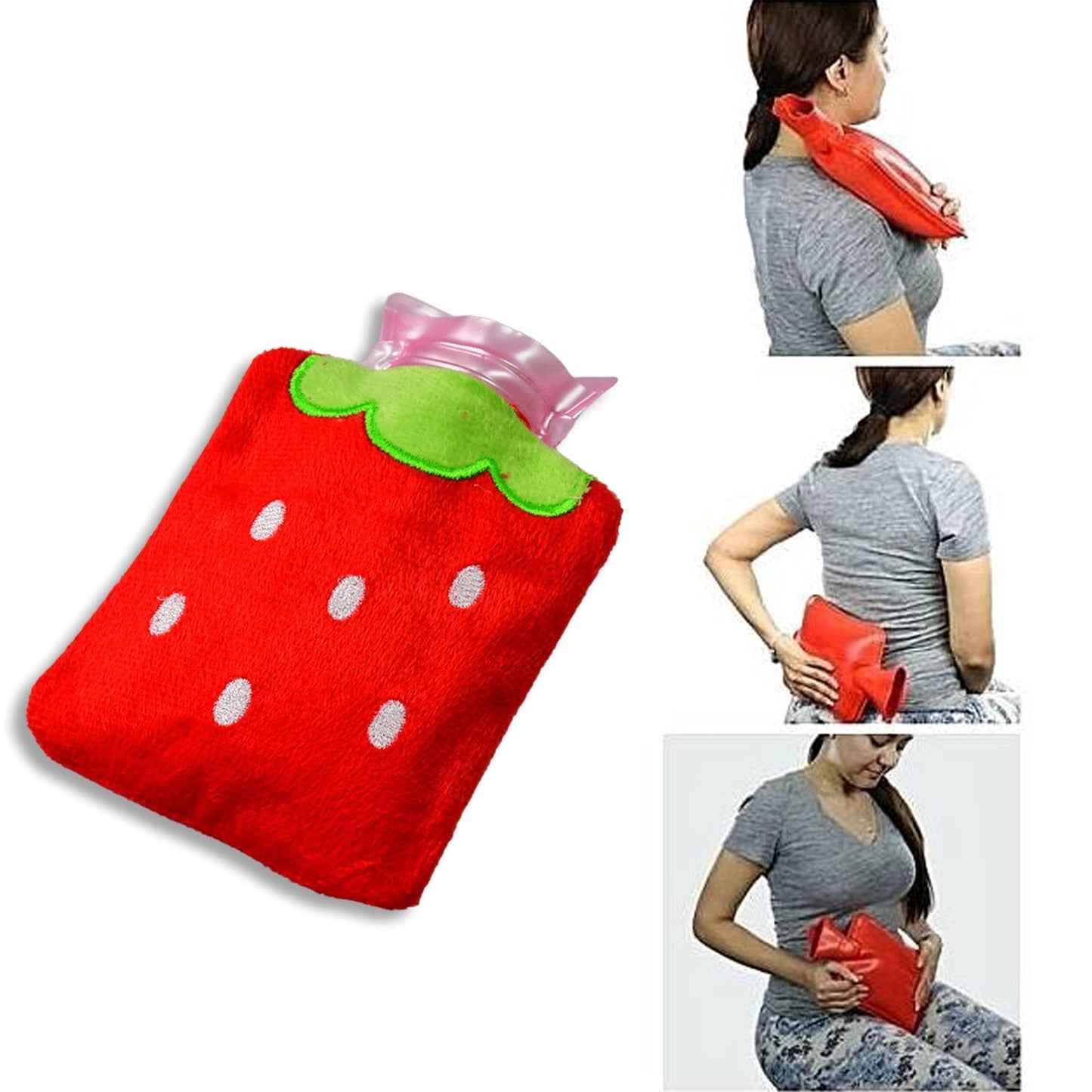 Cute strawberry hot water bag for effective neck pain relief.