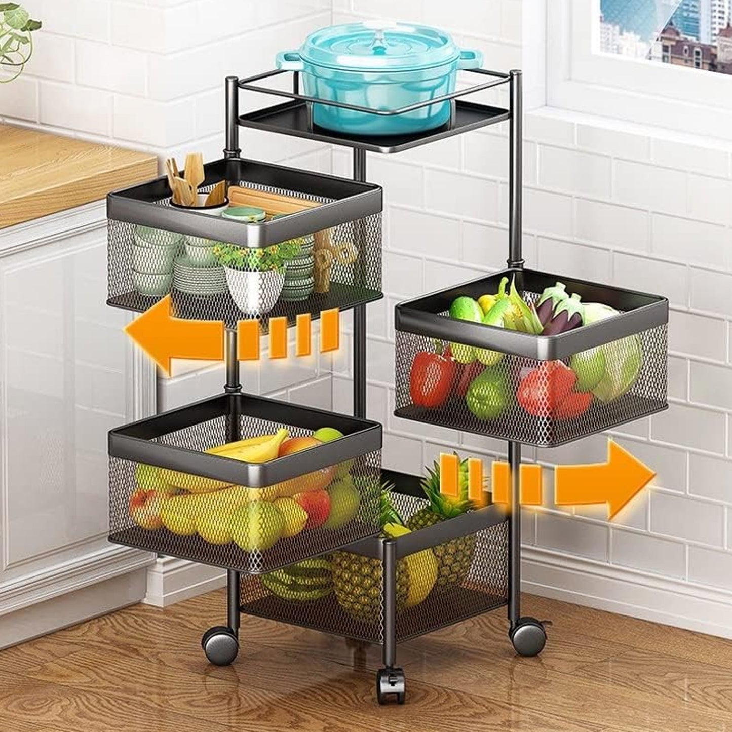 5731 Metal High Quality Kitchen Trolley Kitchen Organizer Items and Kitchen Accessories Items for Kitchen Rack Square Design for Fruits & Vegetable Onion Storage Kitchen Trolley with Wheels (4 Layer)