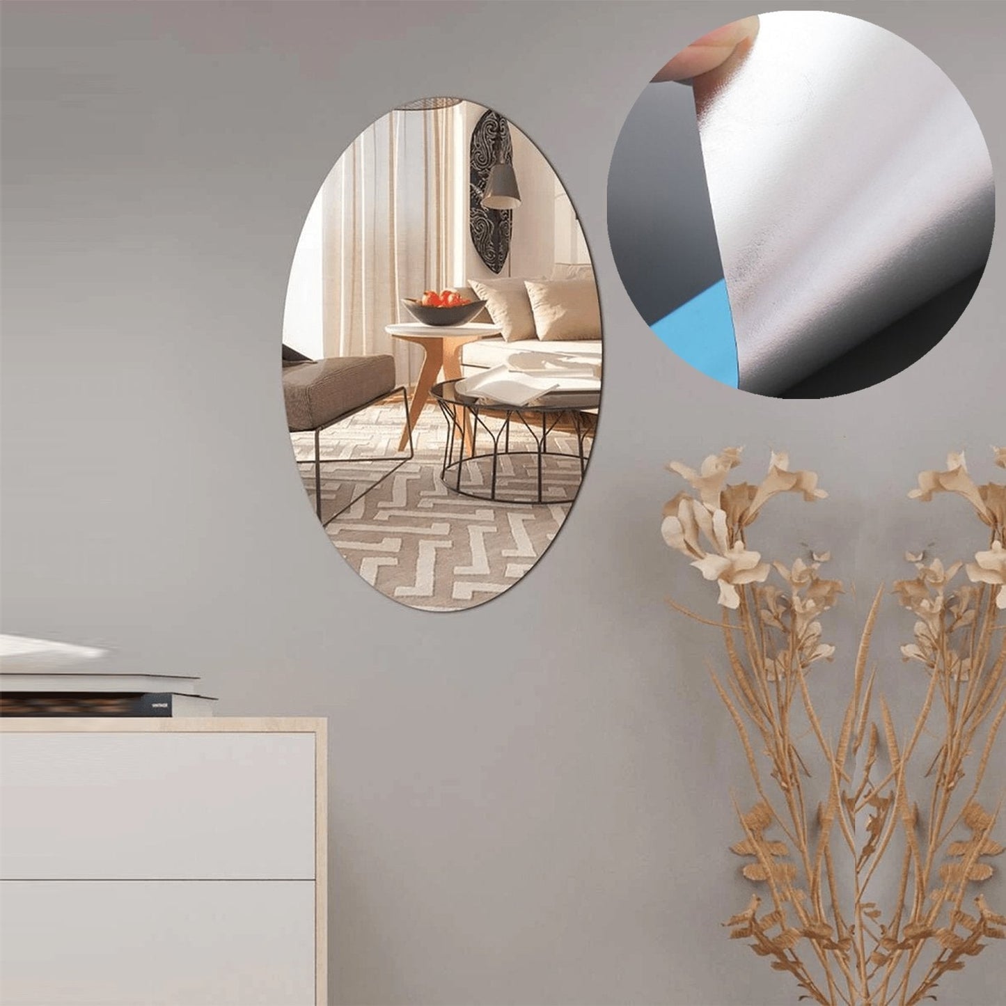 Decorative adhesive mirror tiles for bathroom walls