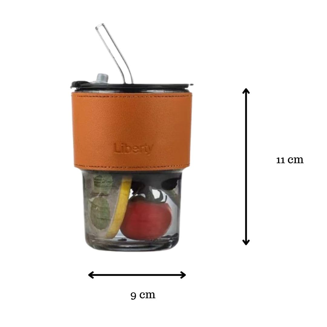 5887A Glass Tumbler with Lid, Straw and Protective Anti-Slip Leather Sleeve for Hot and Cold Beverages Tea Coffee Travel Mug Smoothies Fruit Juicee (1 Piece)