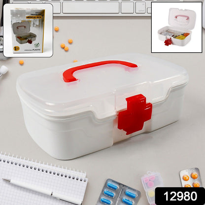 3 Compartment Medical Box, 1 Piece, Indoor Outdoor Medical Utility, Medicine Storage Box, Detachable Tray Medical Box Multi Purpose Regular Medicine, First Aid Box with Handle, Transparent Lid & Color Box 