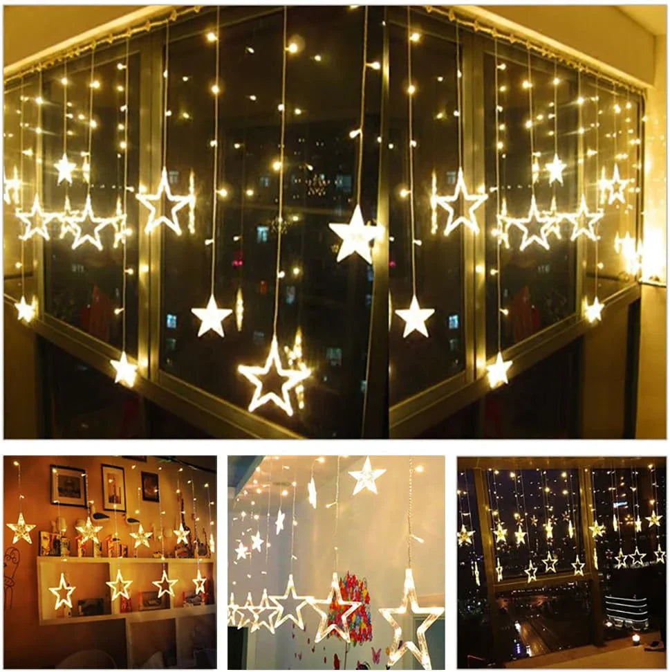 Warm white LED curtain lights with star shapes