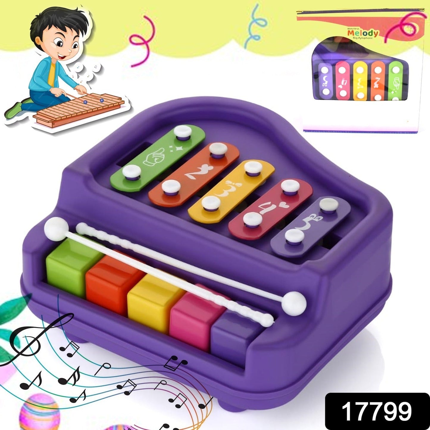 17799  2in1 Baby Piano Xylophone Toy for Toddlers, 5 Multicolored Key Keyboard Xylophone Piano, Preschool Educational Musical Learning Instruments Toy for Baby Kids Girls Boys 3+ Years (1 Pc)