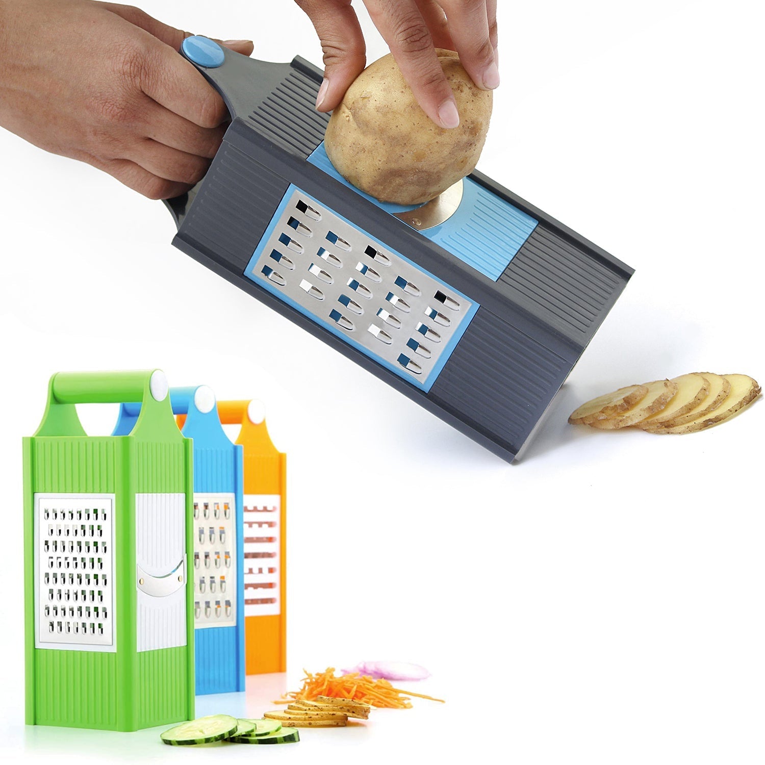 Four-in-one plastic grater and slicer for versatile kitchen use