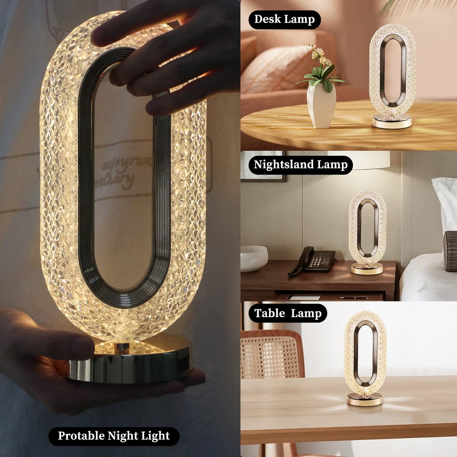 Stylish crystal diamond lamp, USB rechargeable with touch dimming