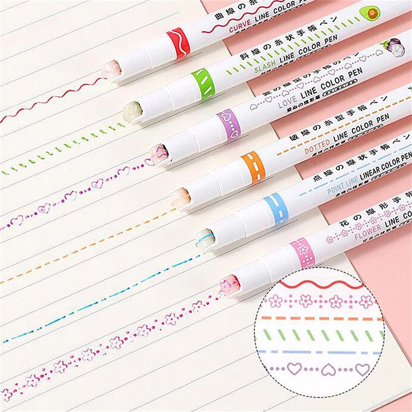 8871 Set of 6 Curved Highlighters, Roller Pens, and Fine Point Color Markers for Drawing and Linear Coloring