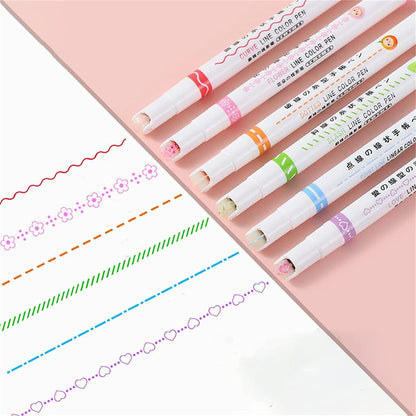 8871 Set of 6 Curved Highlighters, Roller Pens, and Fine Point Color Markers for Drawing and Linear Coloring