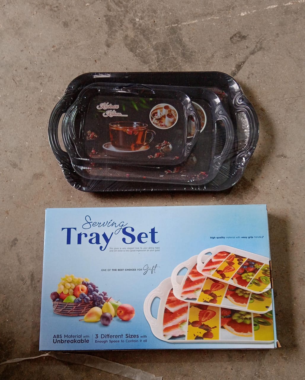 Elegant multicolour serving tray set, available in small, medium, and large sizes.