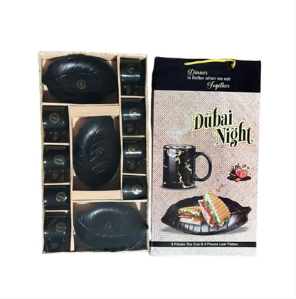 AM0334 Dubai Night 8 Pieces Tea Cup & 3-Pieces Leaf Platter