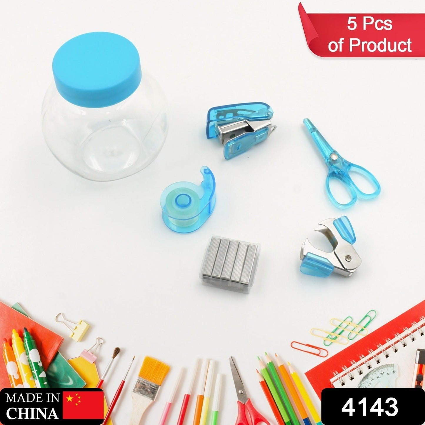 4143 Mini Office Stationery Set, Including Stapler, Scissors, Paper Clips, Tape Dispenser, Transparent Tape, And Staples