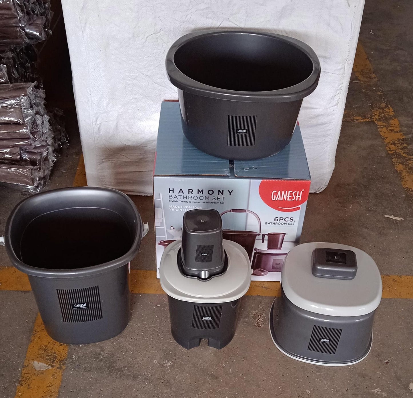 6-piece plastic bathroom accessories set with bucket, dustbin, mug, stool, soap case, and tub, different views.