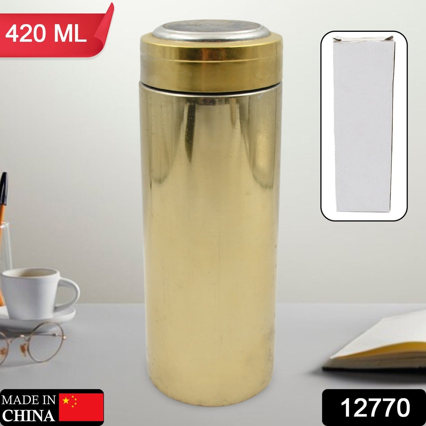 12770 Stainless Steel Water Bottle With Foldable Spoon & Handle Easy to carry, Leak Proof, Rust Proof, Hot & Cold Drinks, Gym Sipper BPA Free Food Grade Quality, Steel fridge Bottle For office / Gym / School (420 ML Approx)