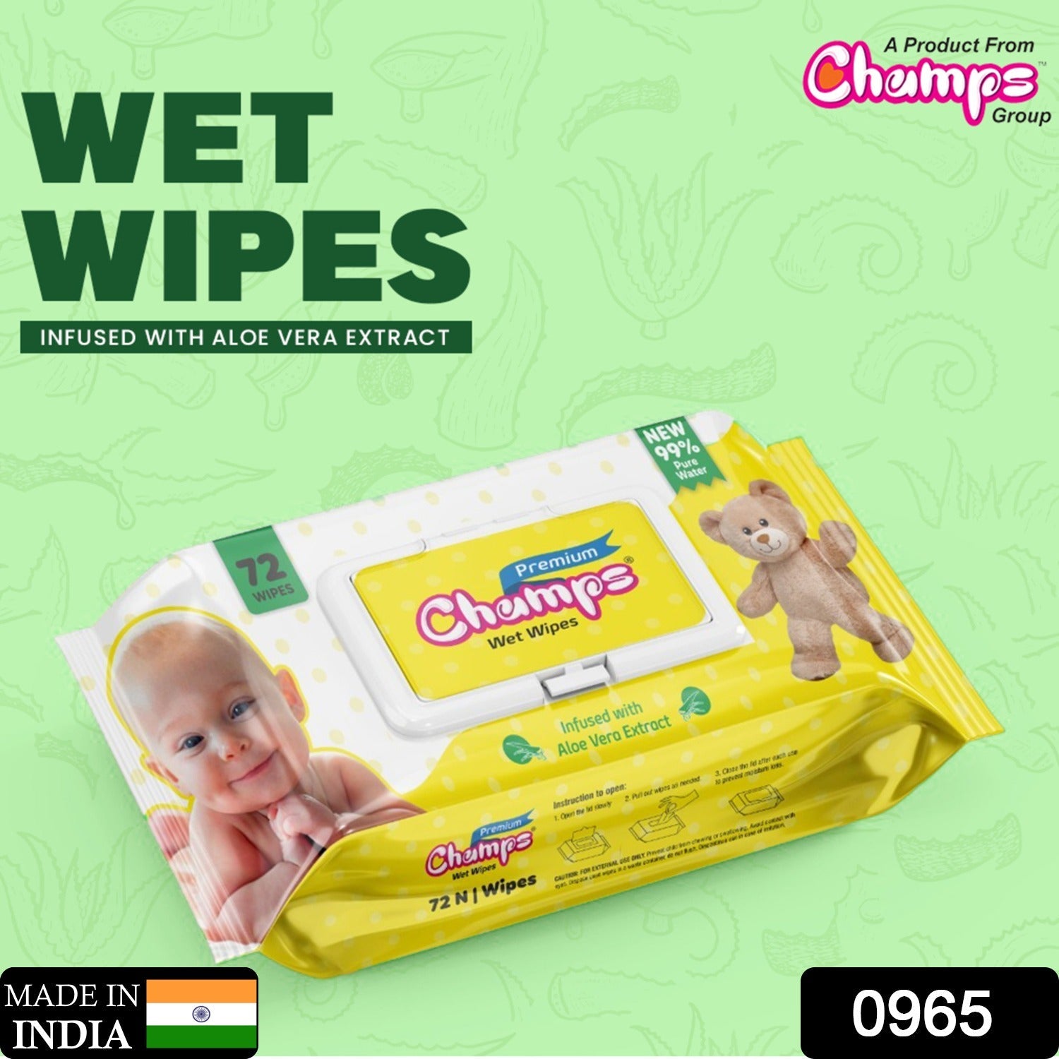 Premium aloe vera wet wipes, Champs, 72 pcs, for soft cleansing