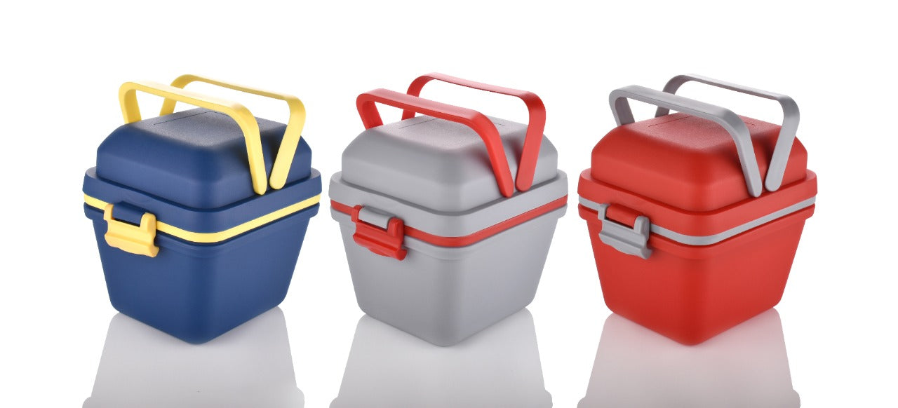 Durable lunch box with handle and push lock feature