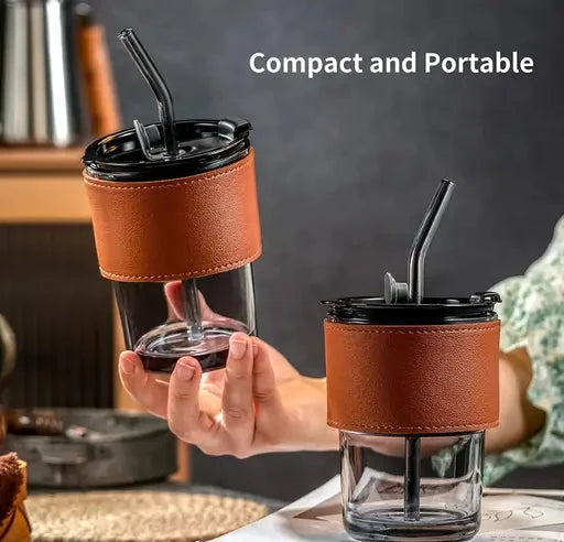 5887A Glass Tumbler with Lid, Straw and Protective Anti-Slip Leather Sleeve for Hot and Cold Beverages Tea Coffee Travel Mug Smoothies Fruit Juicee (1 Piece)