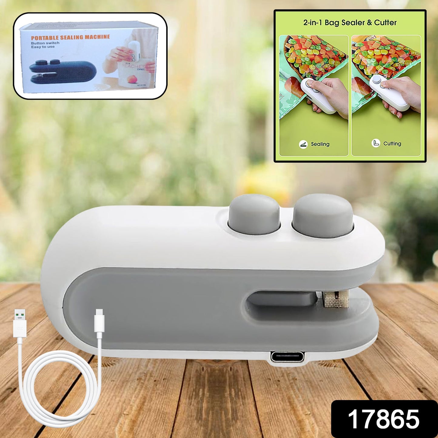 17865  Mini Bag Sealer, 2 in 1 Seal & Cutter Heat Sealers, TYPE-C USB Charging Portable Bag Reseller, Handle Food Sealer, Sealing Machine for Food Storage Plastic Bags Snacks Keep Food Fresh